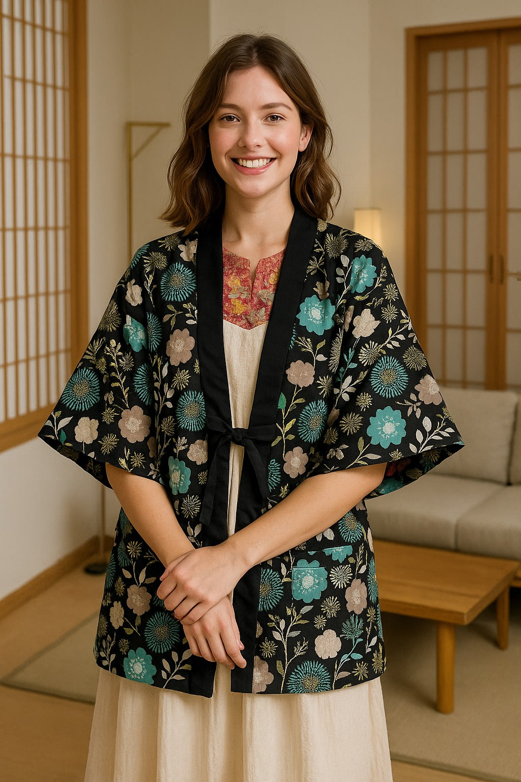 Manteau Kimono Fluide Bleu et Noir