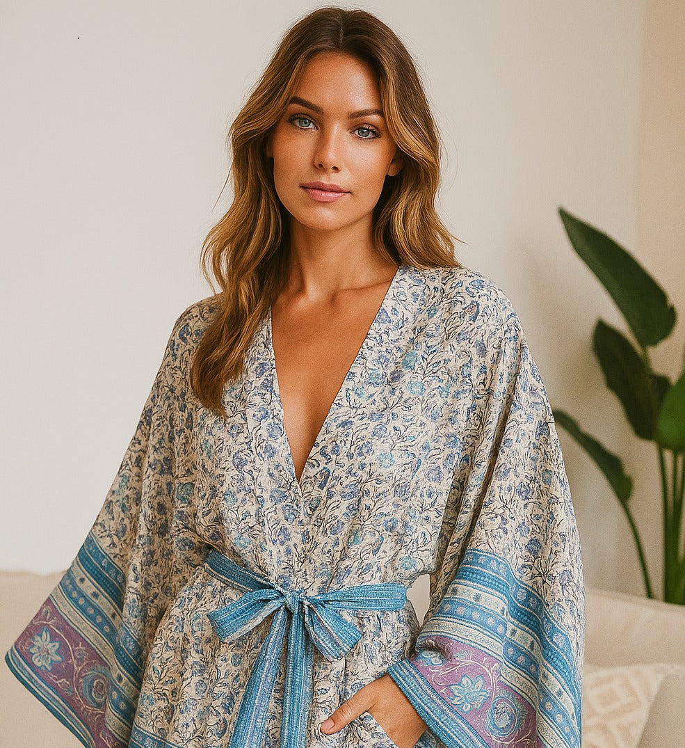 Kimono Boho Bleu Fleuri
