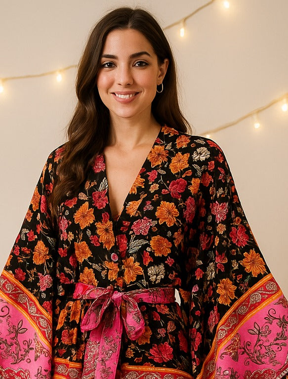 Kimono Boho Noir et Rose