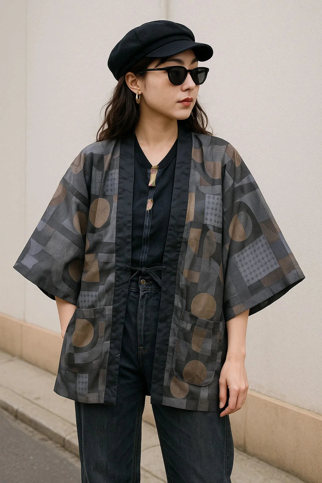 Manteau Kimono à Motifs Géométriques