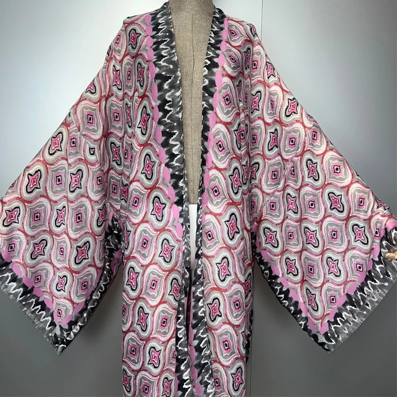 Abaya Kimono Rose à Motifs col v