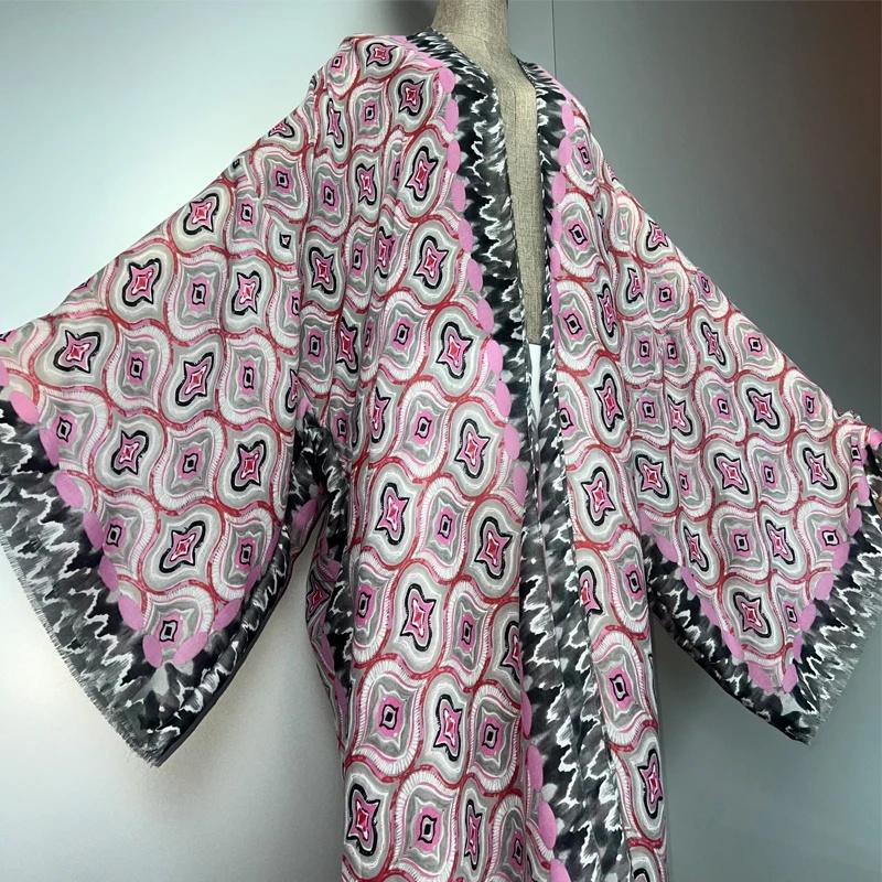 Abaya Kimono Rose à Motifs