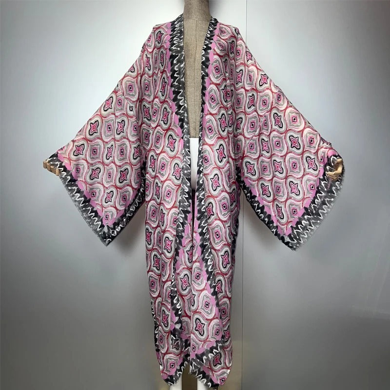 Abaya Kimono Rose à Motifs