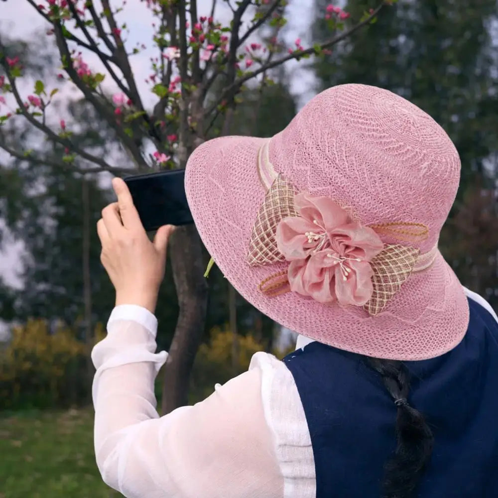 Chapeau De Paille Fleuri Femme - Noeud Dentelle, Idéal Pour Mariage Ou Fête