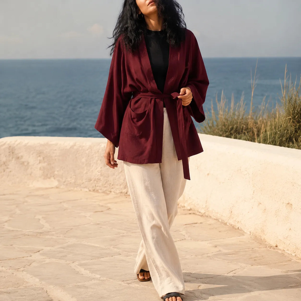 Kimono de Plage Bordeaux Fluide