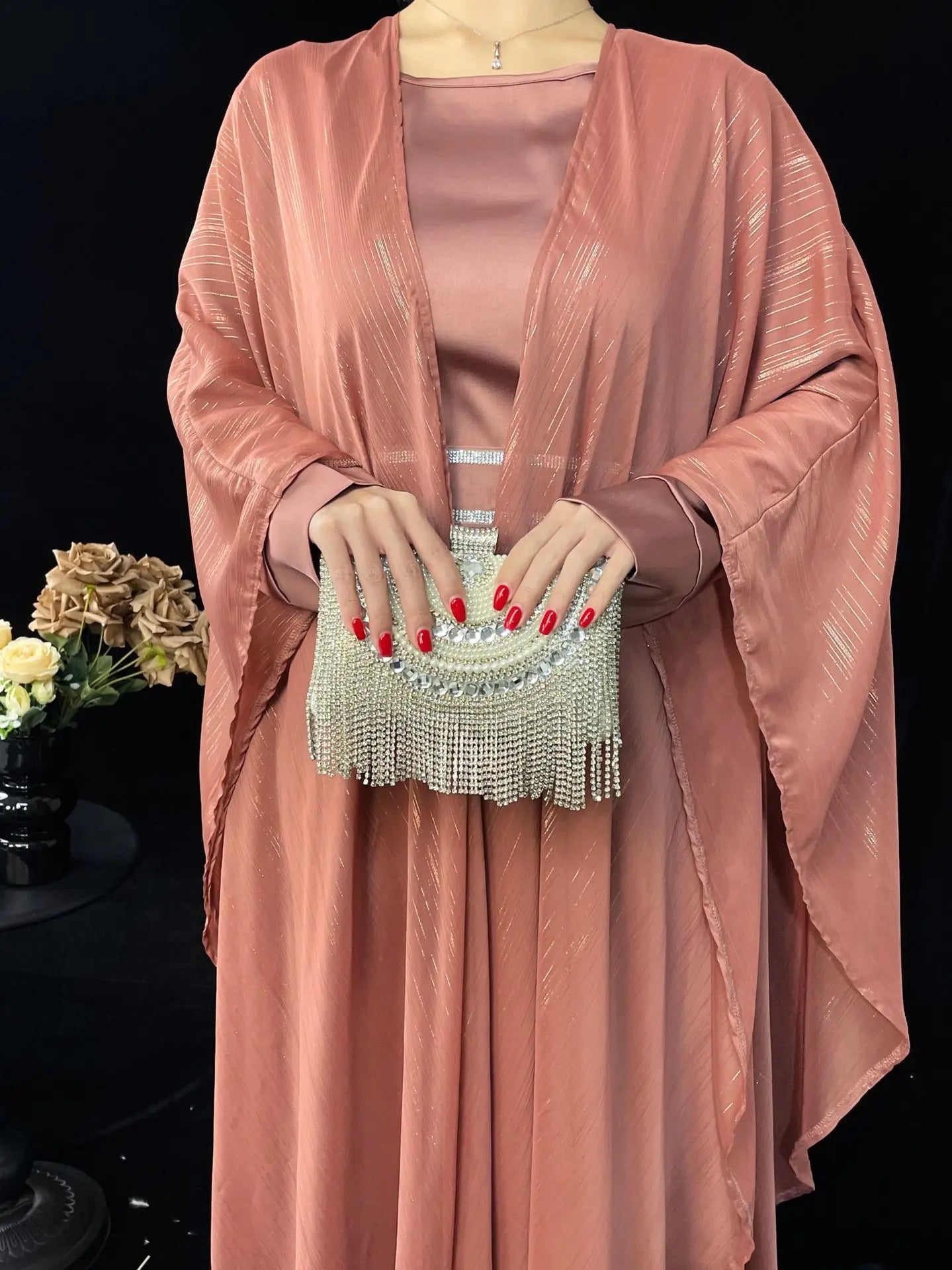 Ensemble Abaya Kimono de Luxe Rose de qualité