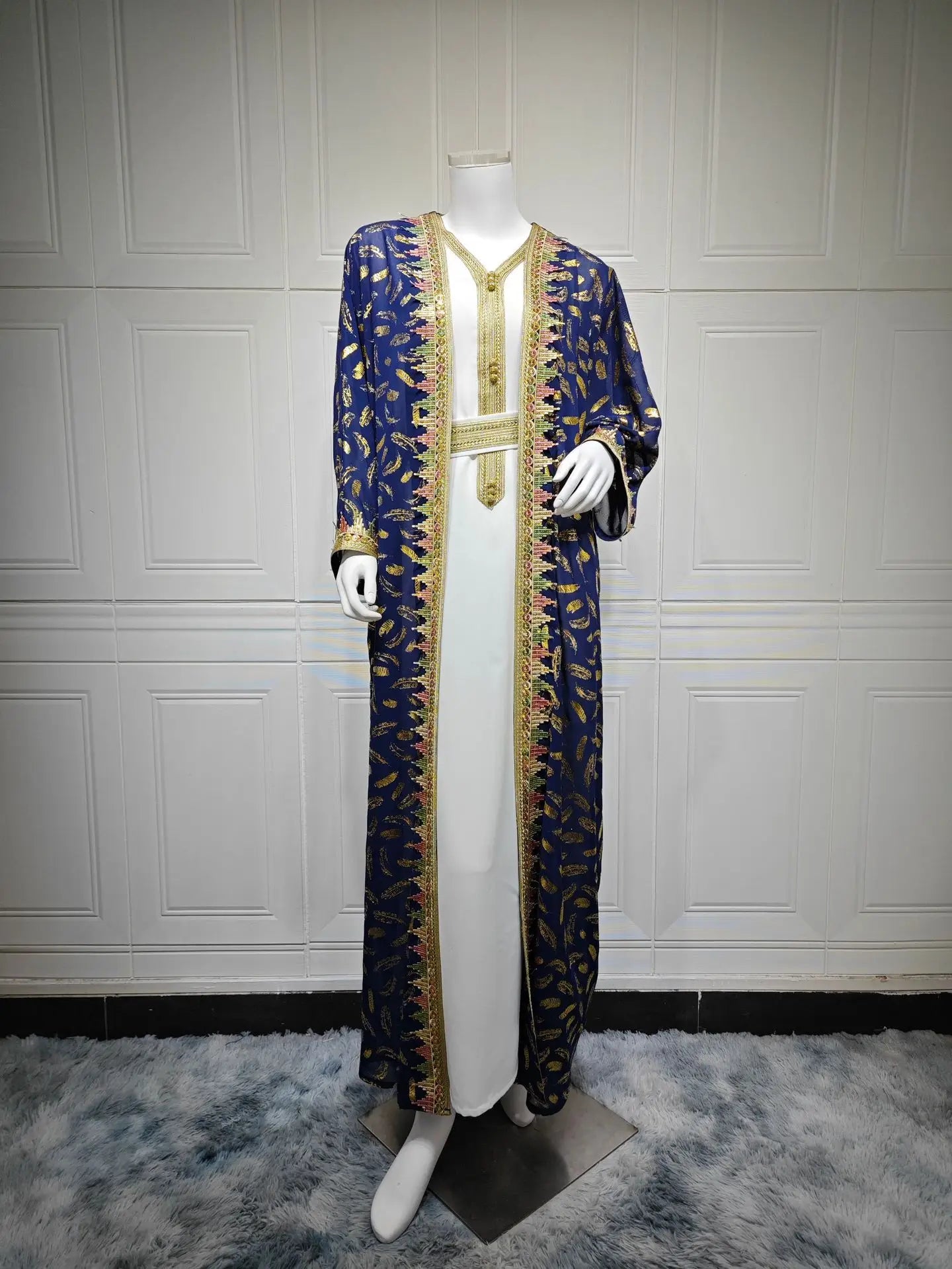 Ensemble Kimono Abaya Bleu et Or chic