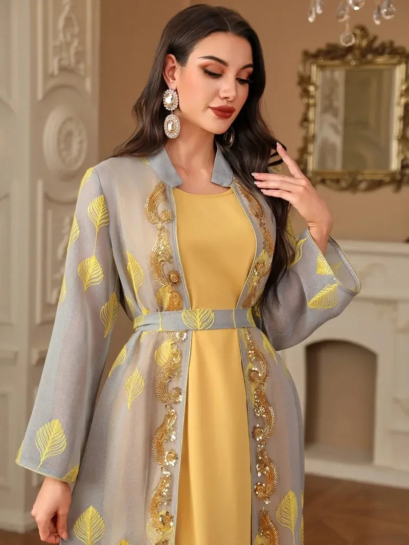 Ensemble Kimono Abaya Jaune Brodé chic