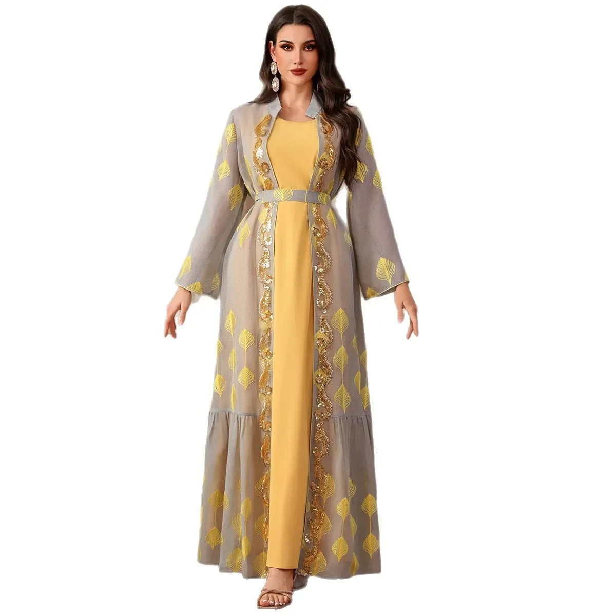Ensemble Kimono Abaya Jaune Brodé de qualité