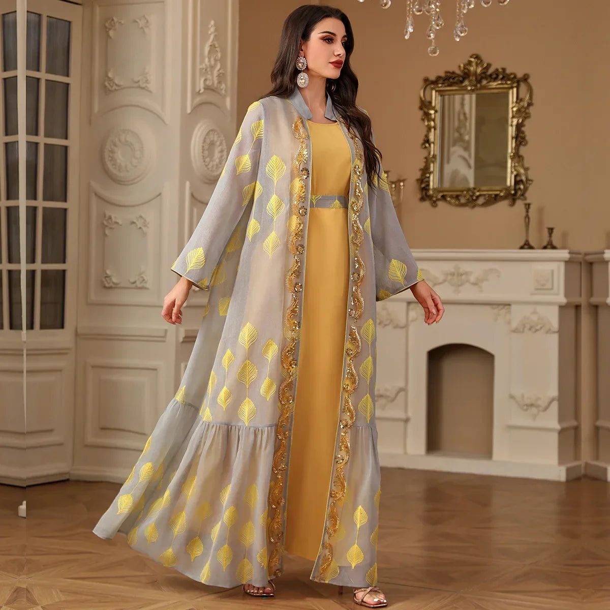 Ensemble Kimono Abaya Jaune Brodé élégant