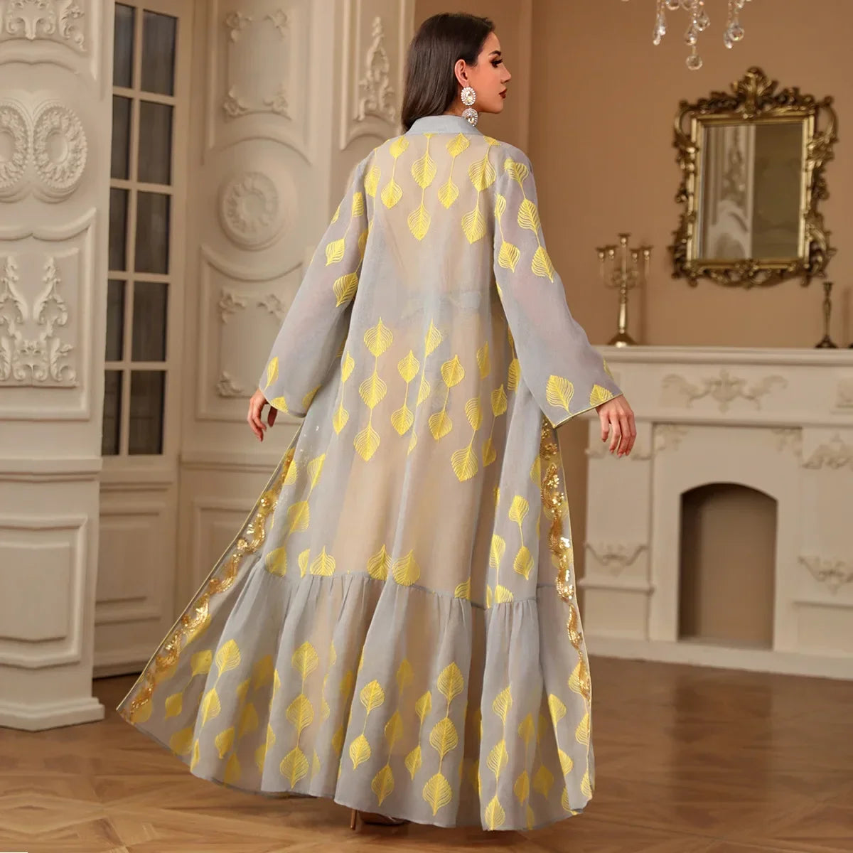 Ensemble Kimono Abaya Jaune Brodé léger