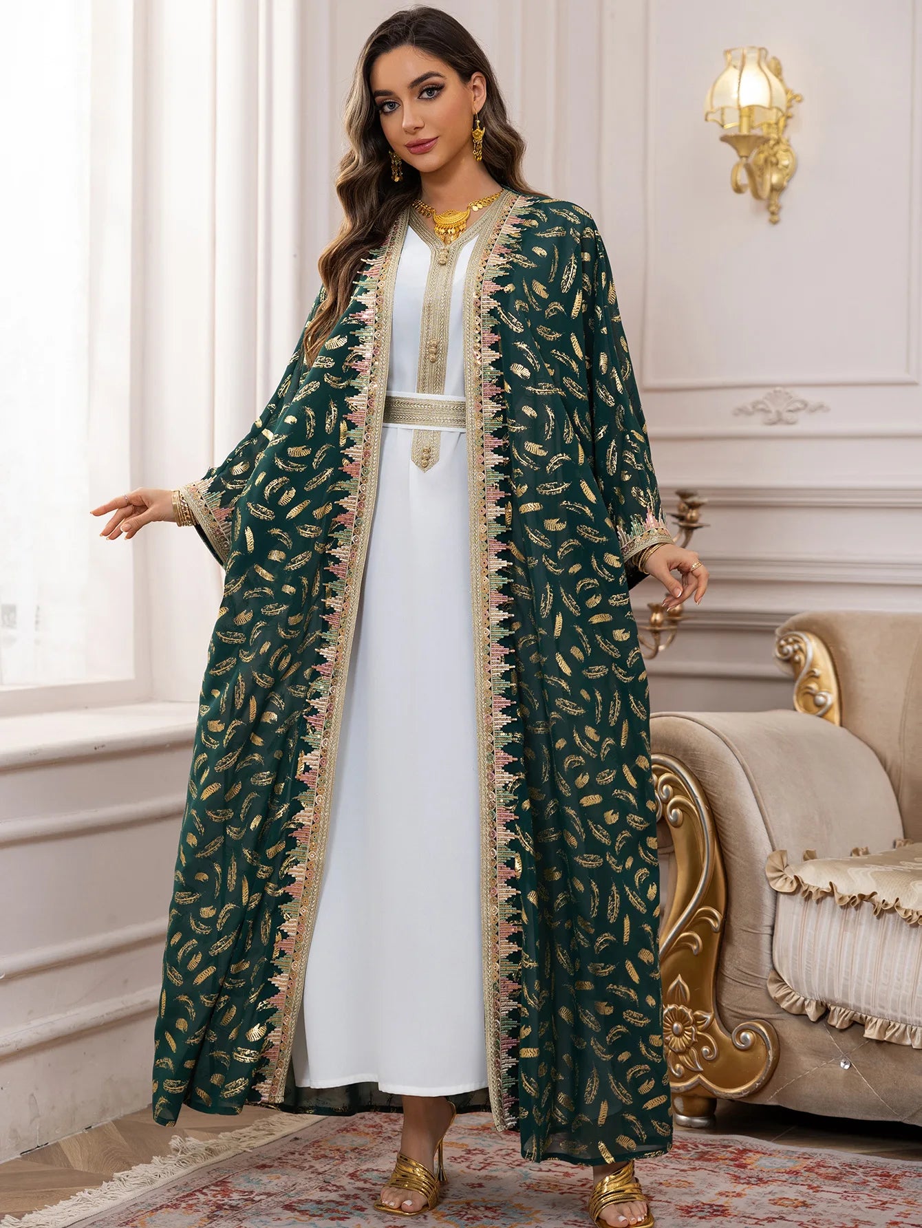 Ensemble Kimono Abaya Vert et Doré chic