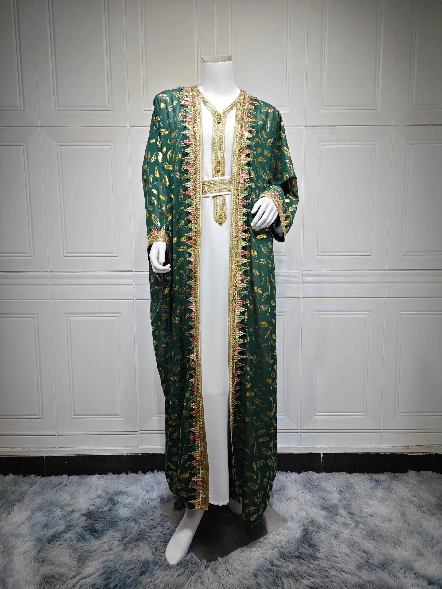 Ensemble Kimono Abaya Vert et Doré long