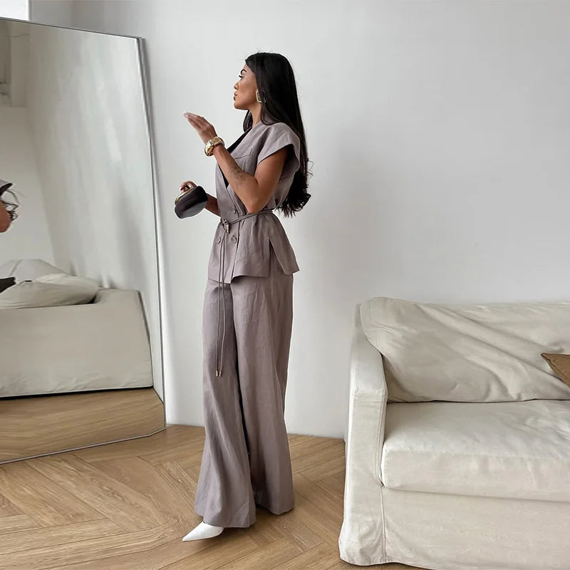 Ensemble Kimono Boutonné Sans Manches Gris