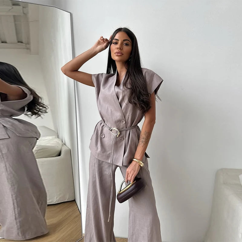 Ensemble Kimono Boutonné Sans Manches Élégant