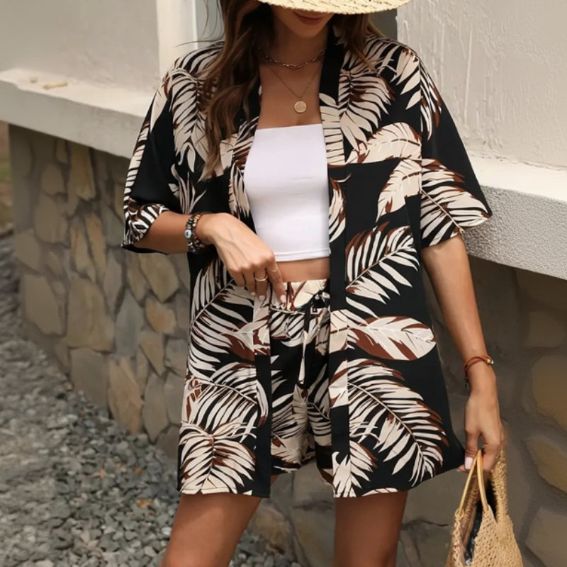 Ensemble Kimono Noir à Feuillages