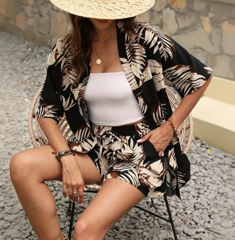 Ensemble Kimono Noir à Feuillages Stylé