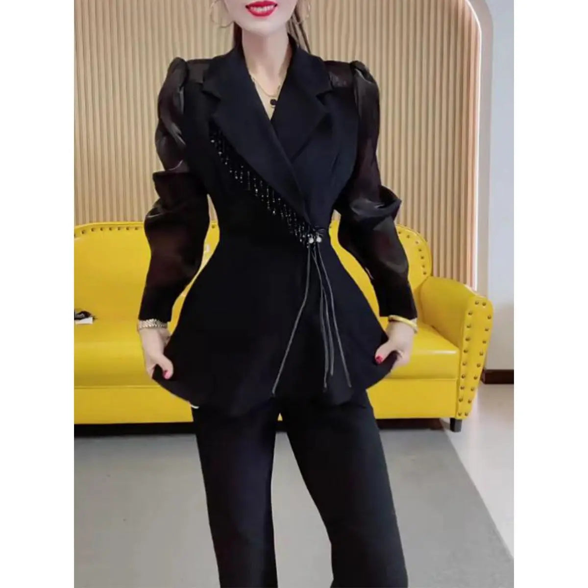 Ensemble Kimono Noir à Manches Bouffantes Cool