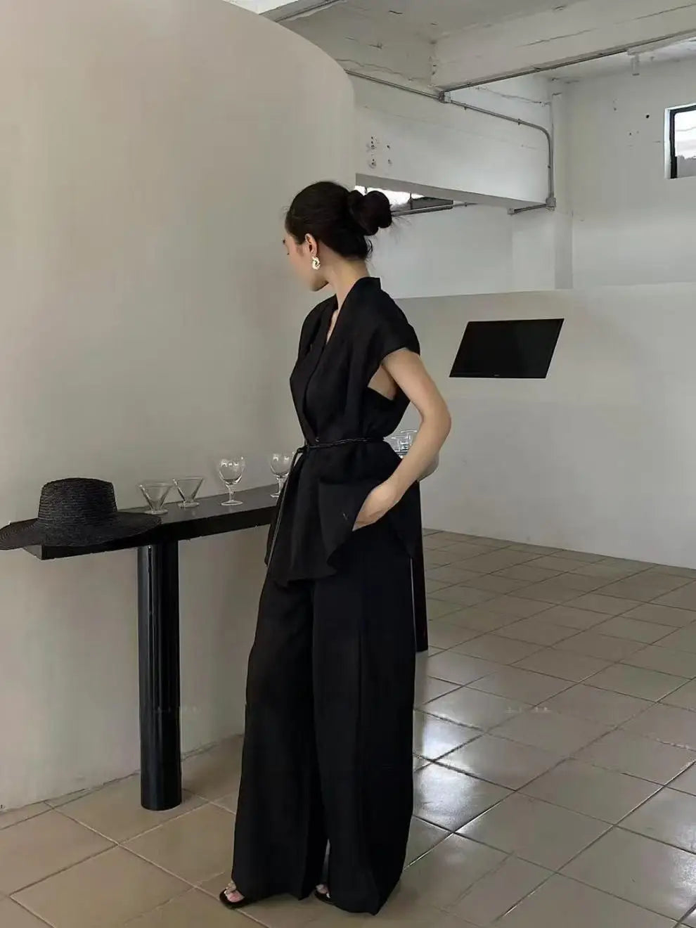 Ensemble Kimono Noir Respirant en Coton Léger