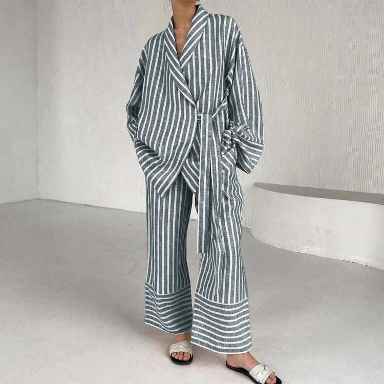 Ensemble Kimono Rayé Décontracté Gris