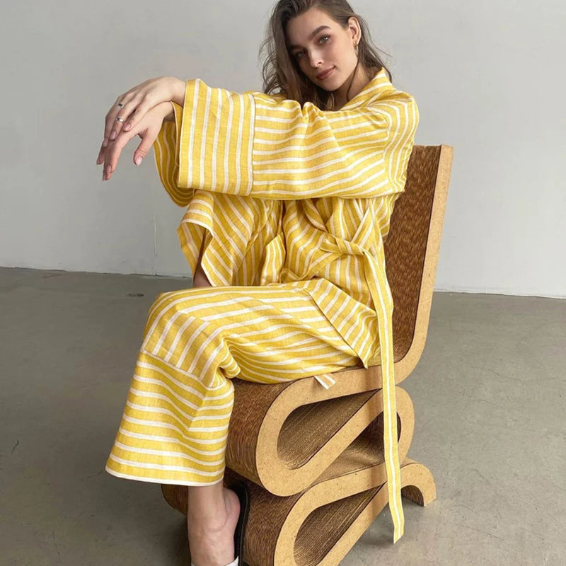 Ensemble Kimono Rayé Jaune Stylé