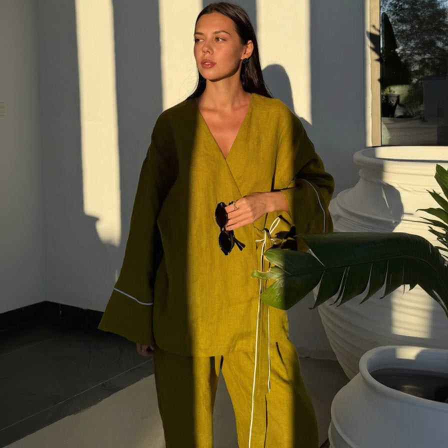 Ensemble Kimono Vert Fluide en Coton