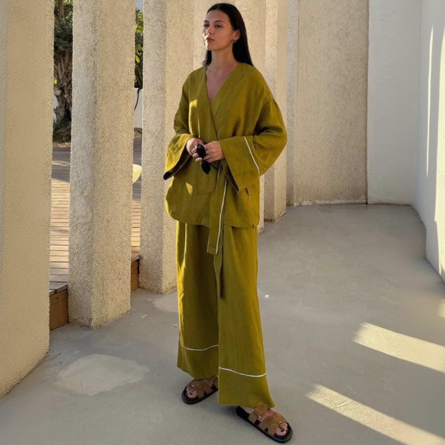 Ensemble Kimono Vert Fluide en Coton Design