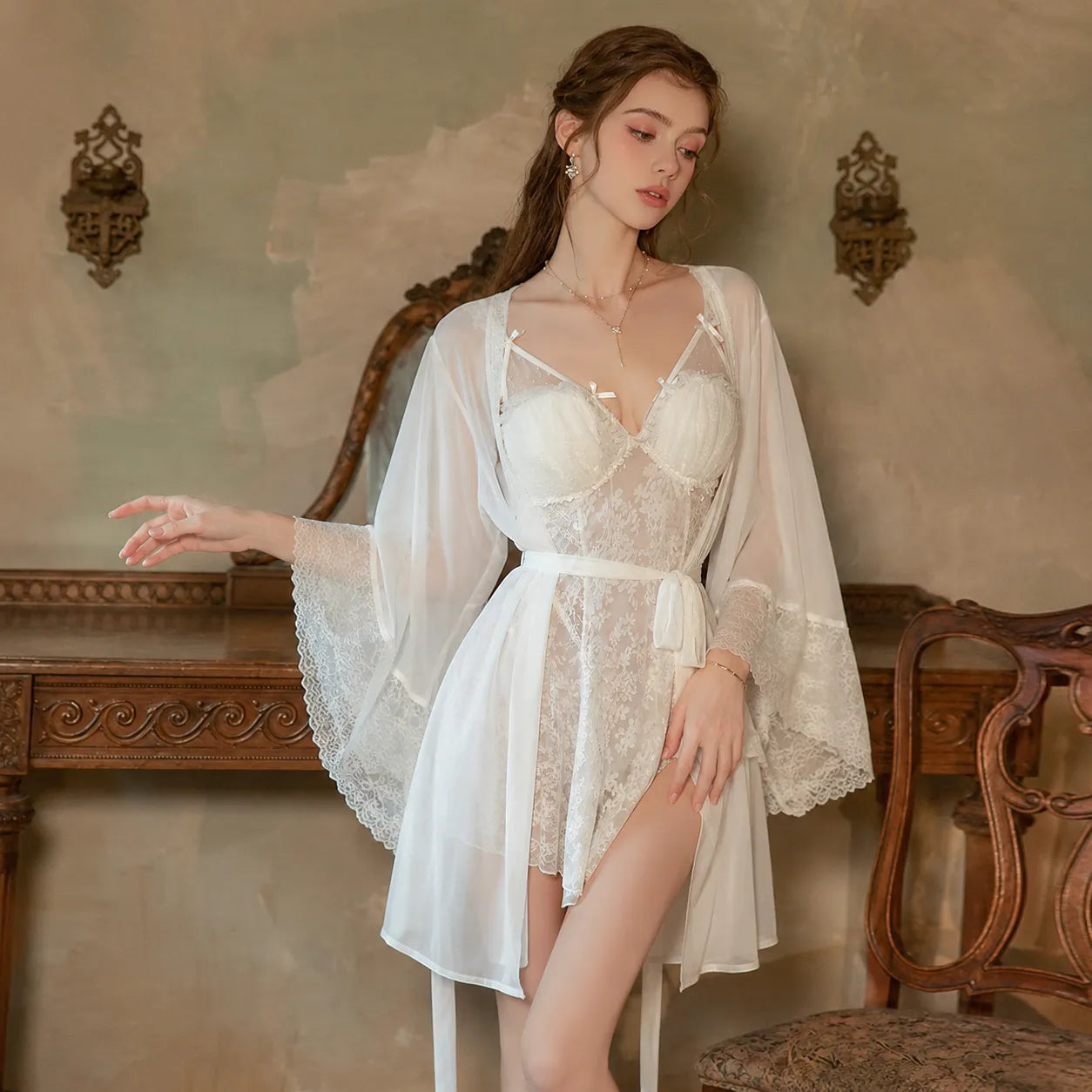 Ensemble Kimono de Nuit Blanc Dentelles à Volants Stylé