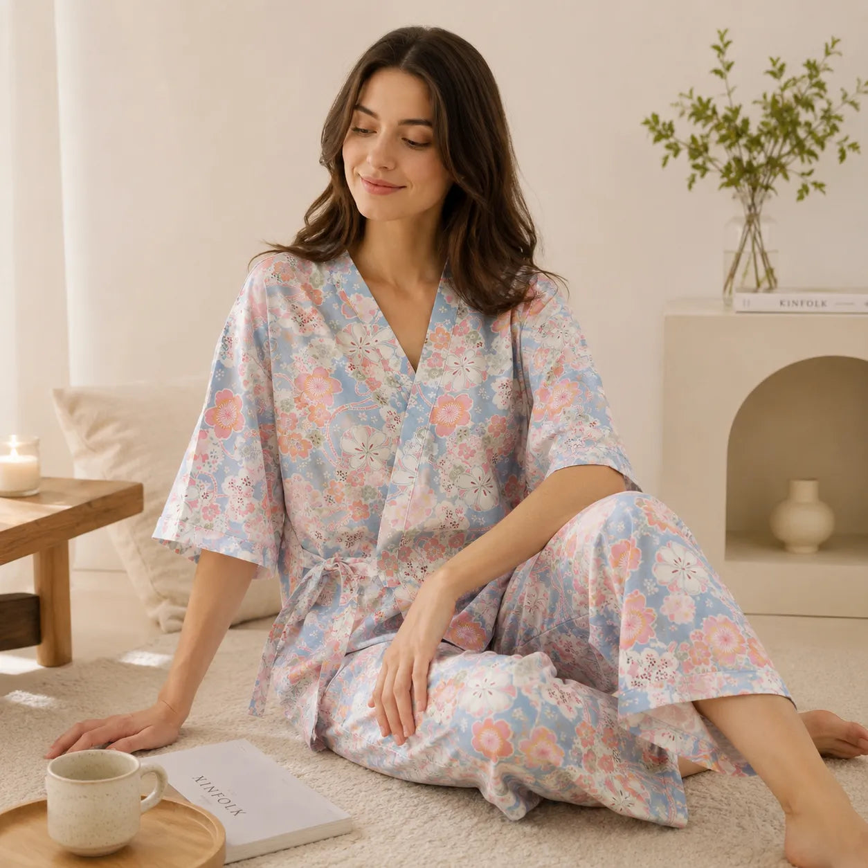 Ensemble Pyjama Kimono Bleu Motif Floral