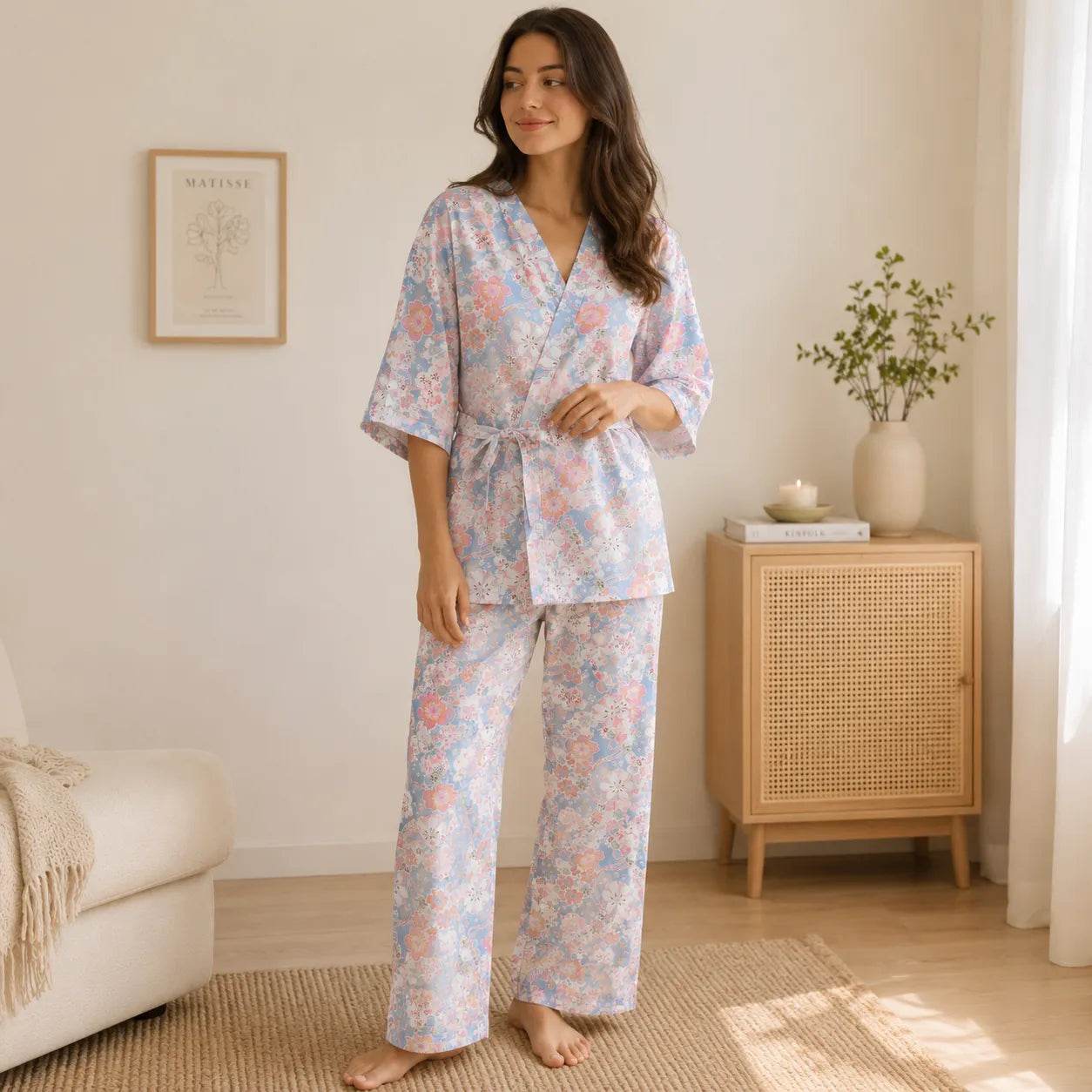 Ensemble Pyjama Kimono Bleu Motif Floral Stylé