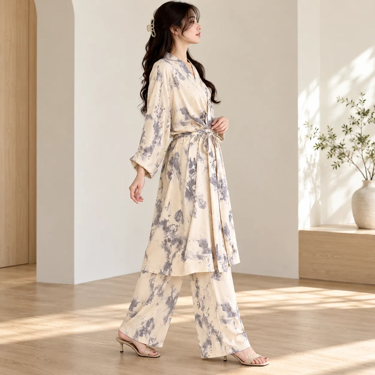 Ensemble Pyjama Kimono Long Élégant Blanc