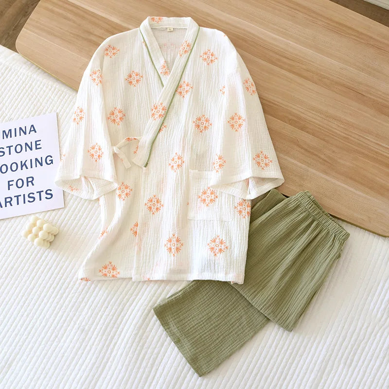Ensemble Pyjama Kimono Pantalon Fluide verte