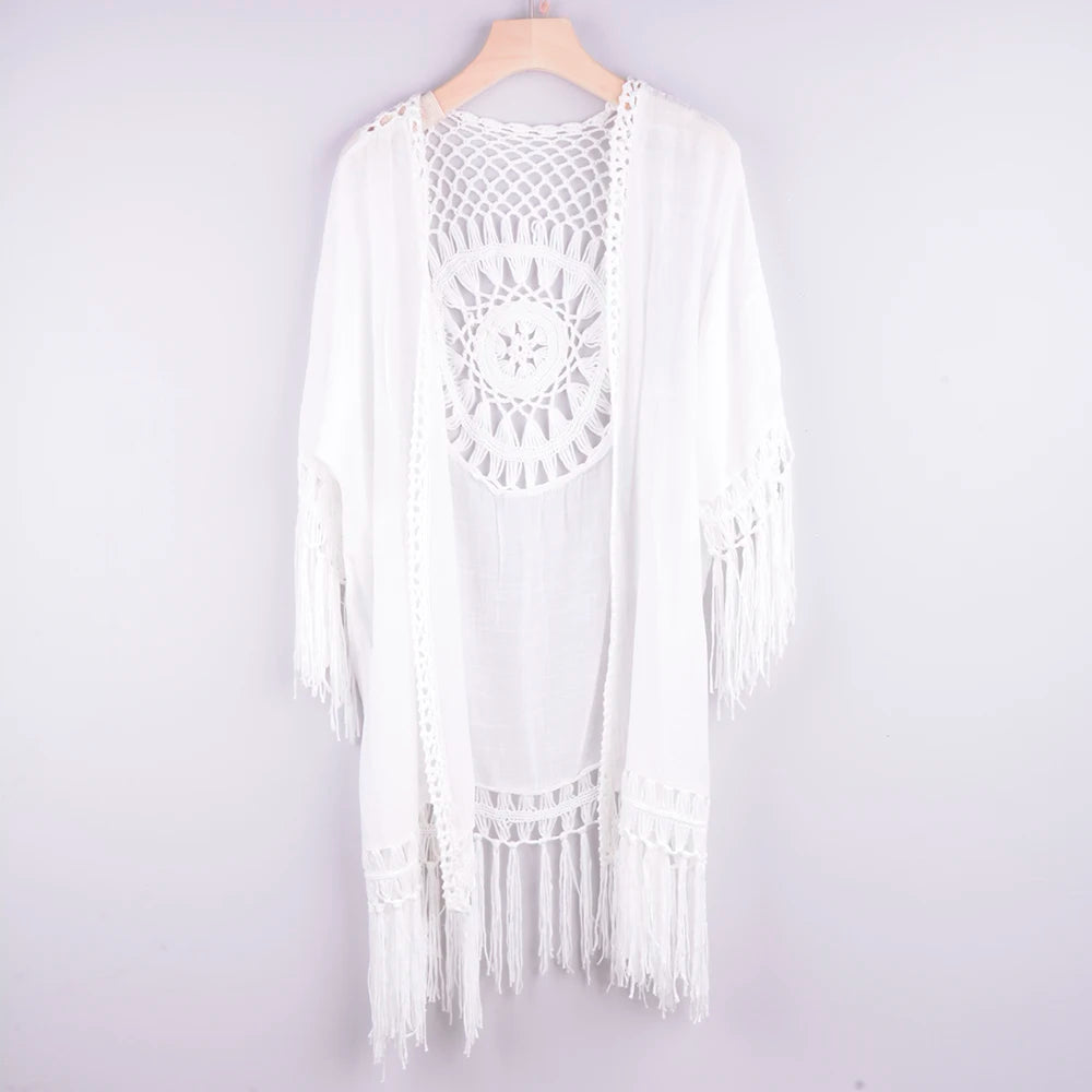 Veste Kimono à Frange Blanc