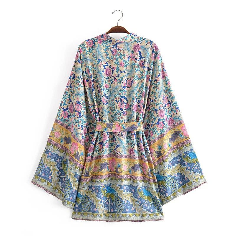 Kimono Boho Bleu Fleuri léger