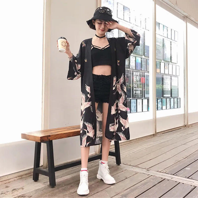 Veste Kimono Femme à Motifs Grues
