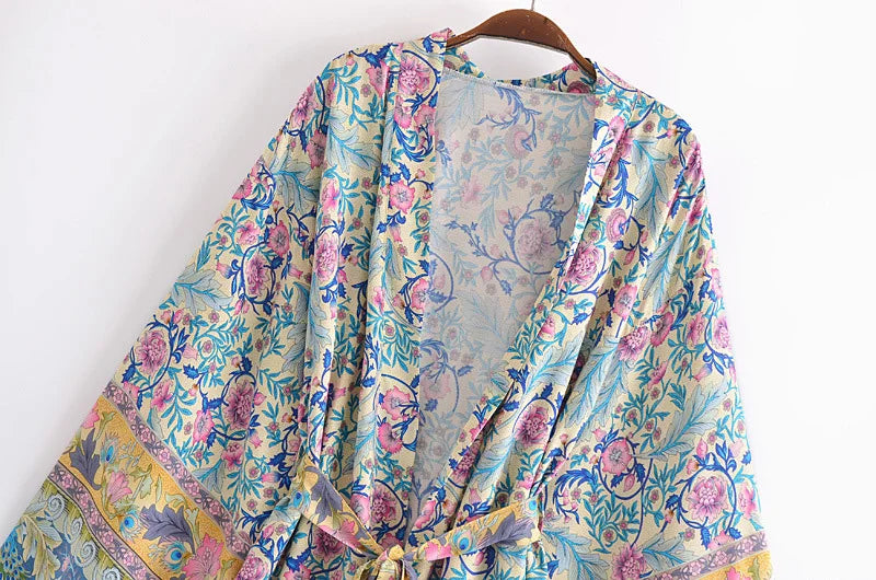 Kimono Boho Bleu Fleuri col V