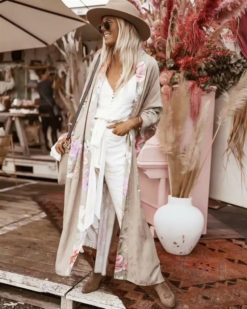 Kimono Long Beige à Fentes