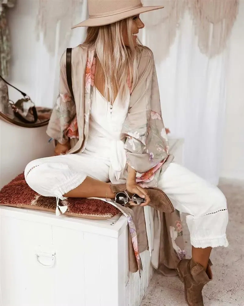 Kimono Long Beige à Fentes