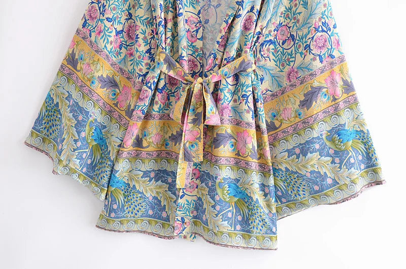 Kimono Boho Bleu Fleuri ceinturé