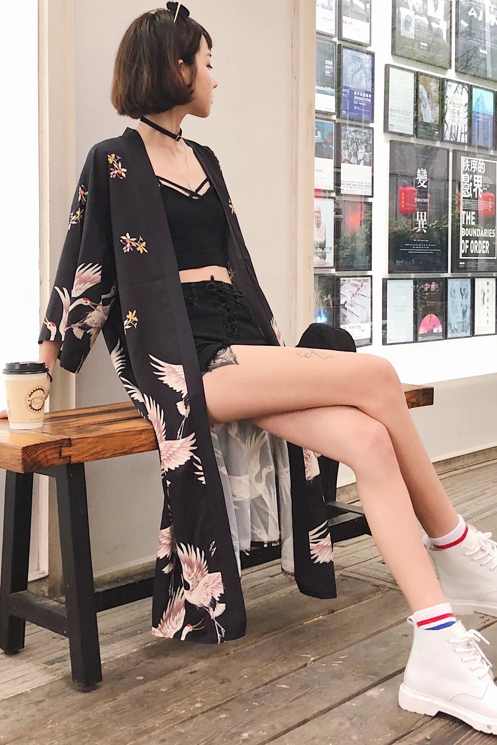 Veste Kimono Femme à Motifs Grues Noir