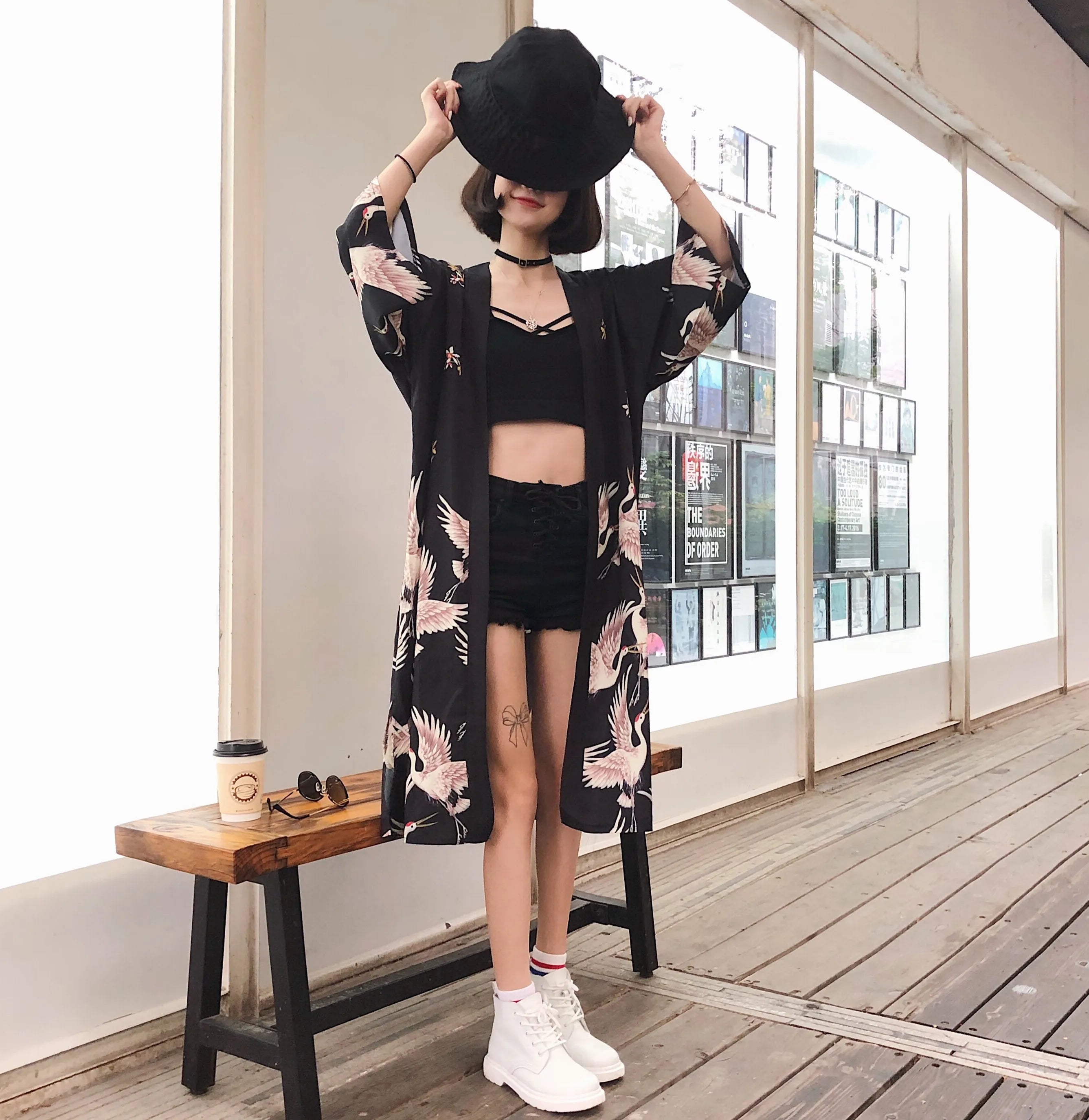 Veste Kimono Femme à Motifs Grues Cool