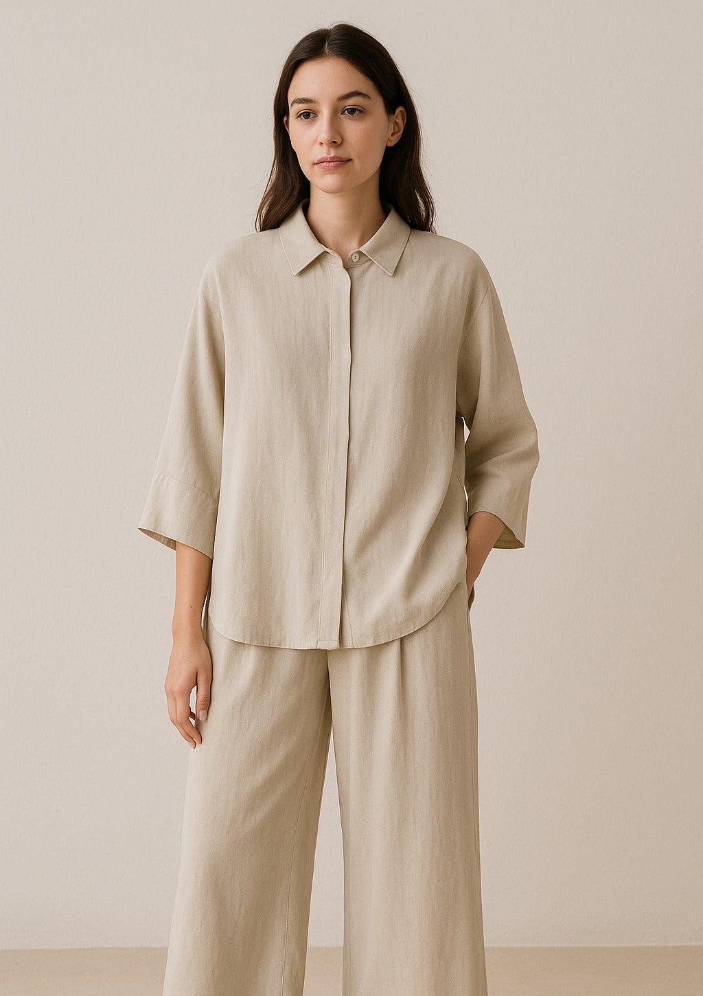 Beige Flowing Kimono Set