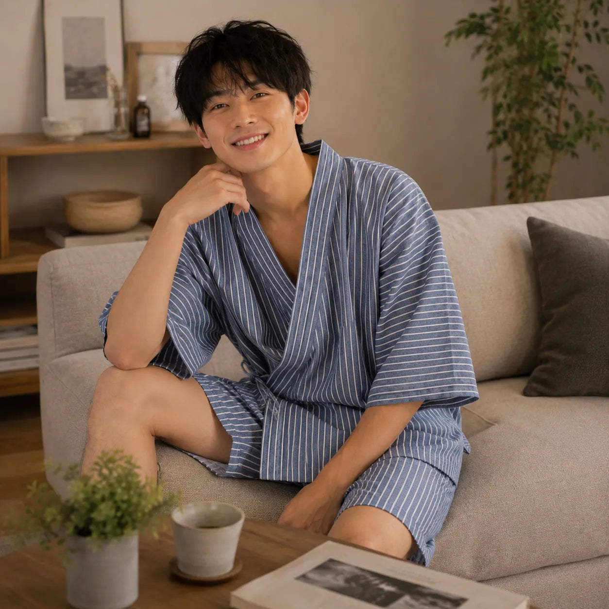 Jinbei Homme Bleu à Rayures Col en V