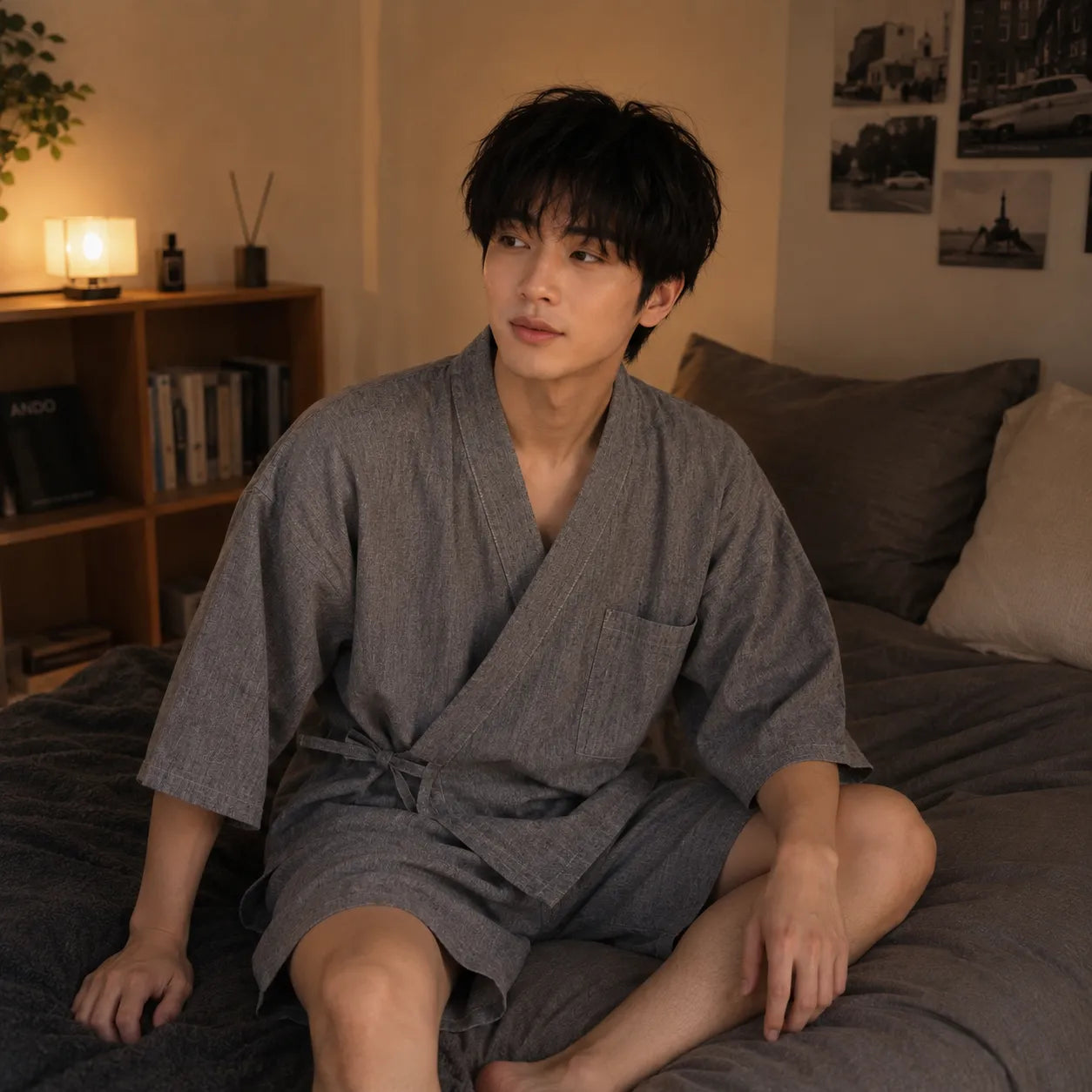 Jinbei Homme Gris Confortable Japonais