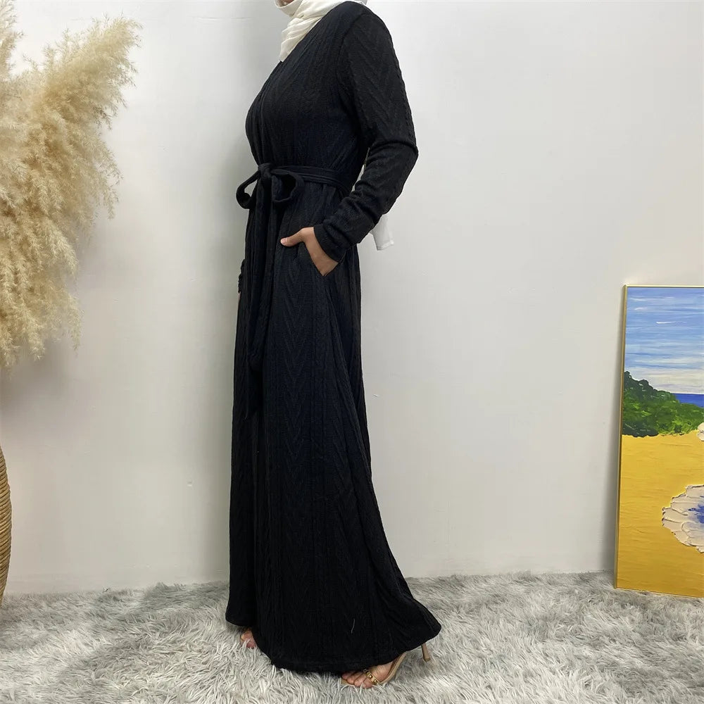 Kimono Abaya Noir Effet Tricot long