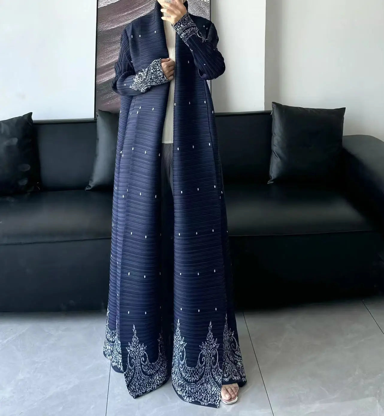 Kimono Abaya Plissé Bleu Luxueux stylé