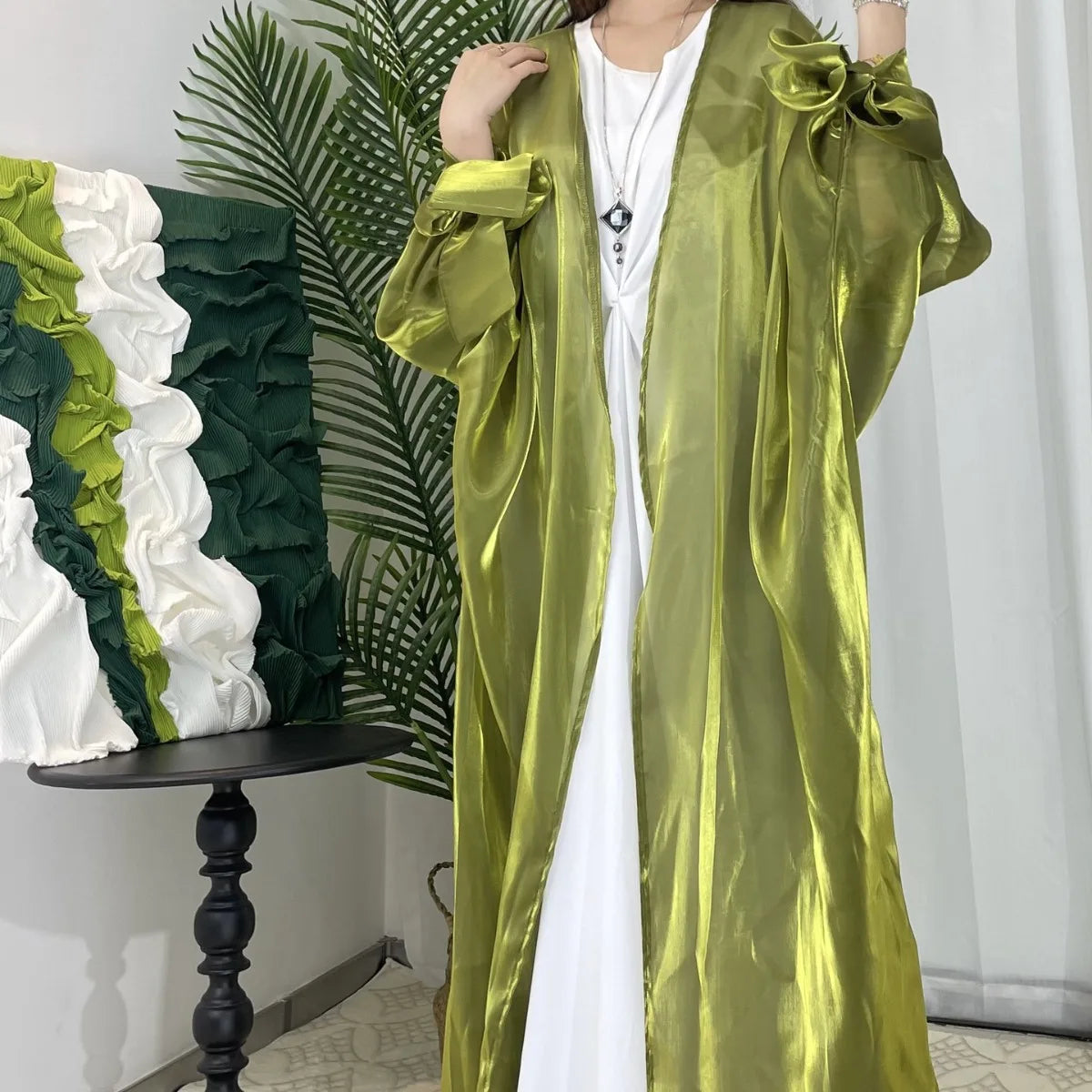 Kimono Abaya Vert Effet Transparent ouvert