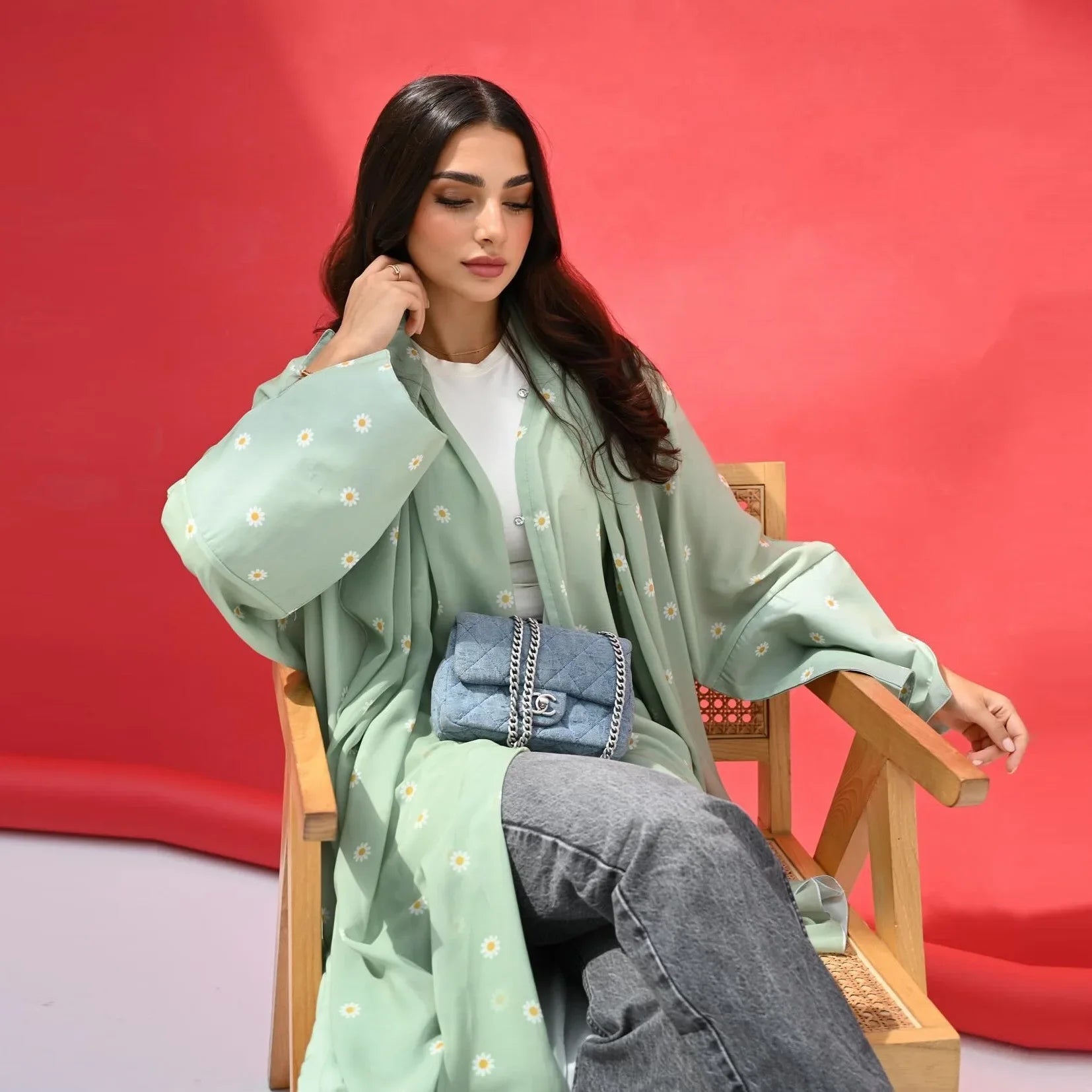 Kimono Abaya Vert à Fleurs léger