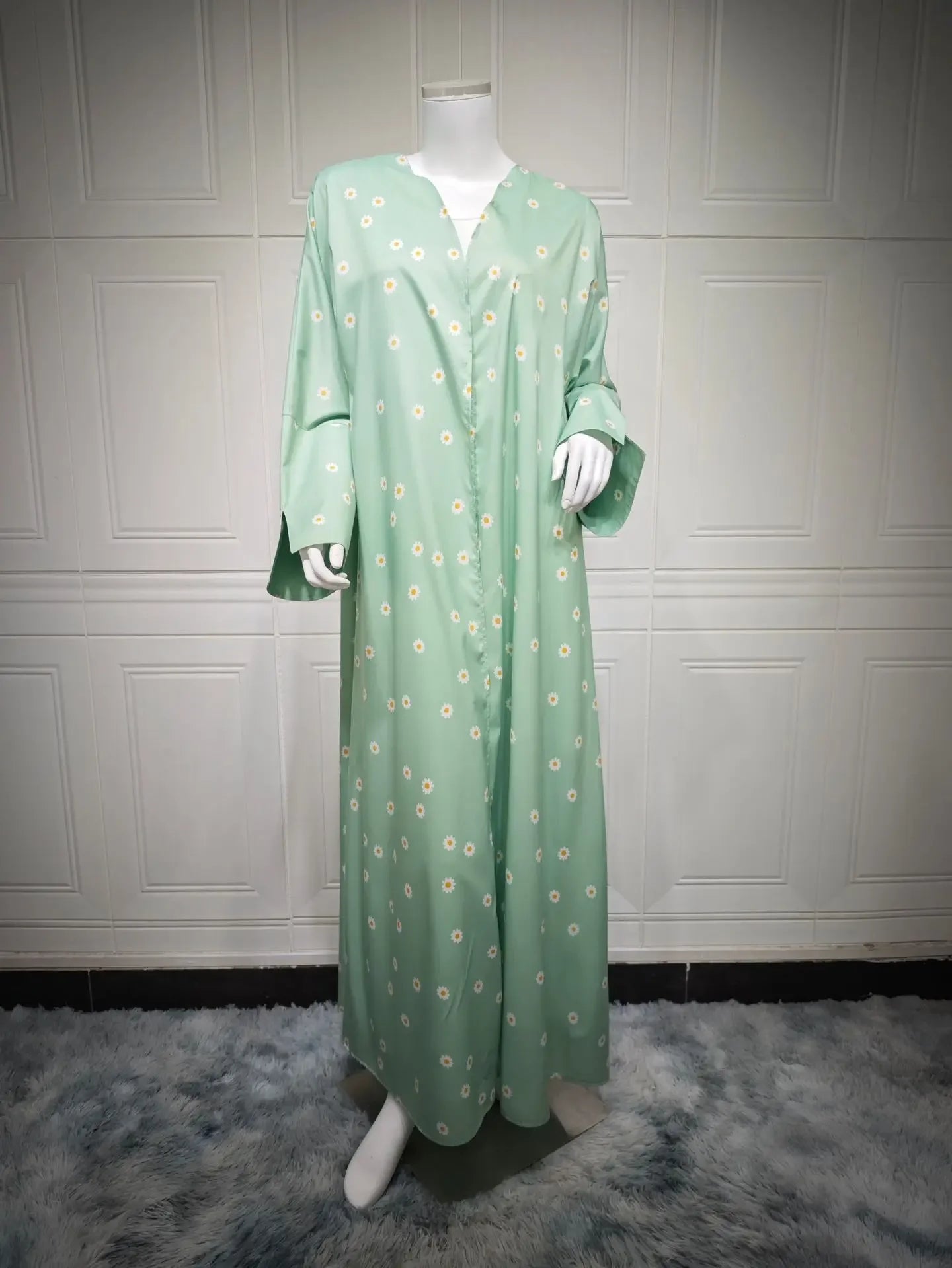 Kimono Abaya Vert à Fleurs manche longue