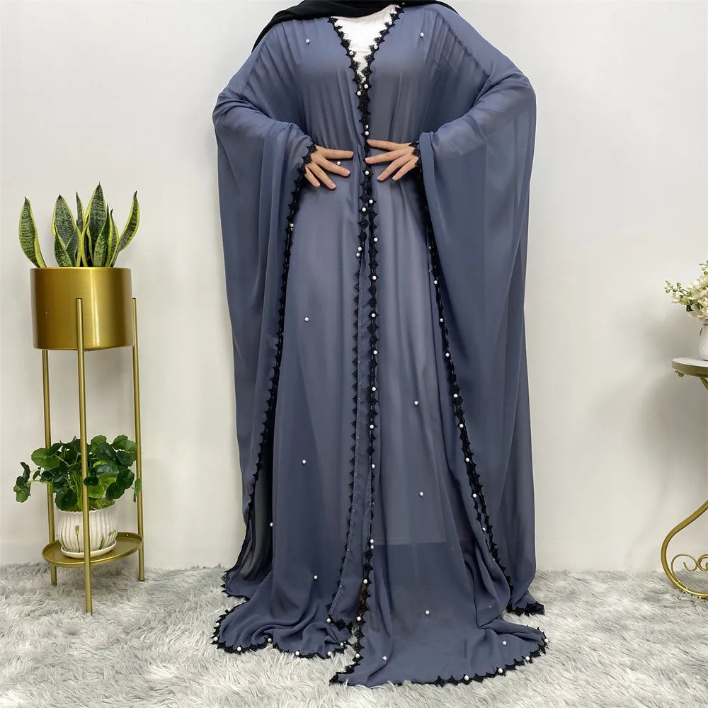 Kimono Abaya en Mousseline Bleu à Perles